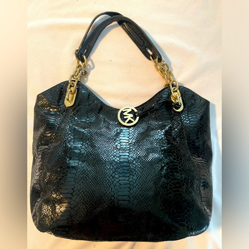MICHAEL Michael Kors Black Snake-Embossed Leather Hobo with Gold Hardware
